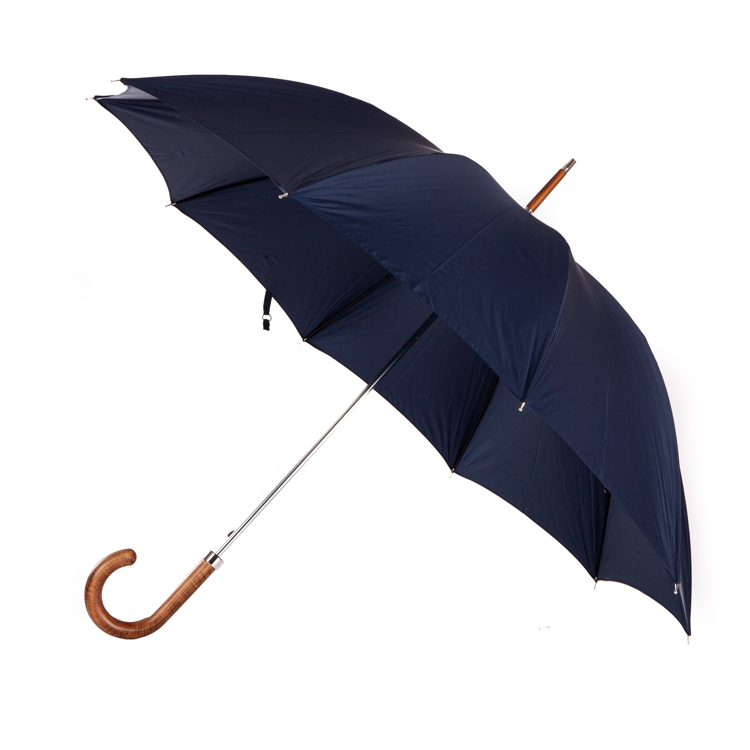 Handcrafted classic umbrella with navy canopy, brass shaft, and bamboo wood handle – made in Italy, entirely plastic-free