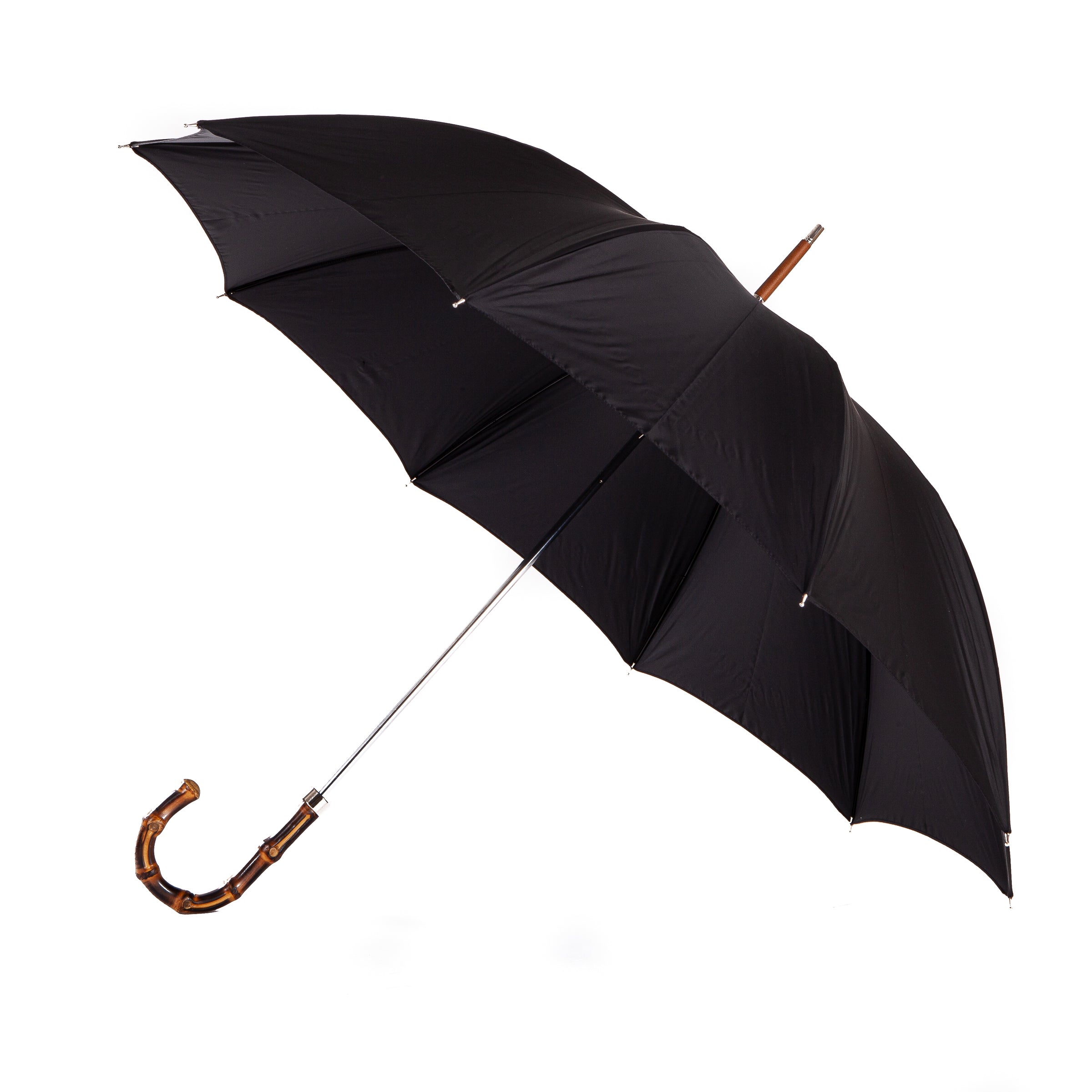 Handcrafted classic umbrella with black canopy, brass shaft, and bamboo wood handle – made in Italy, entirely plastic-free