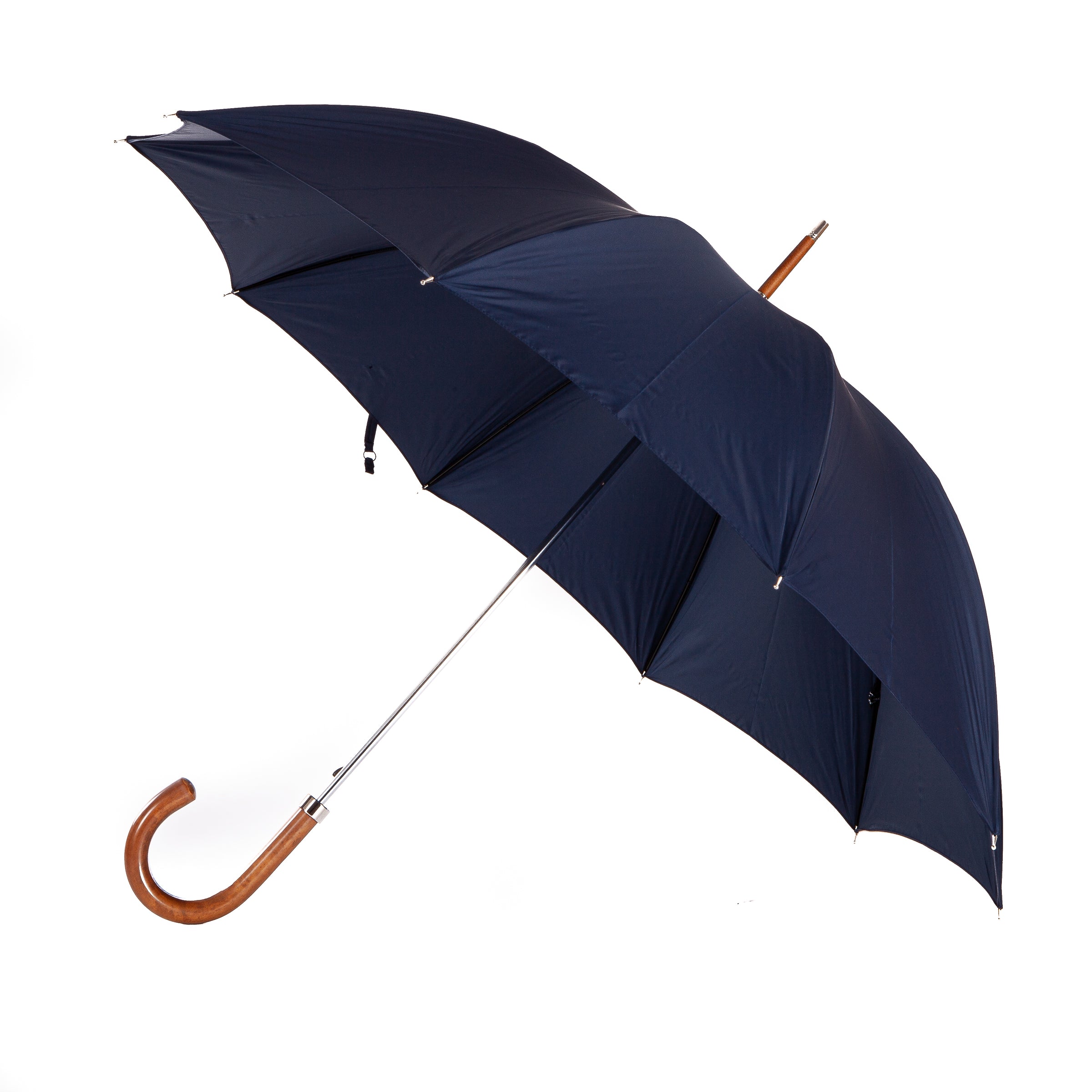 Handcrafted classic umbrella with navy canopy, brass shaft, and malacca wood handle – made in Italy, entirely plastic-free