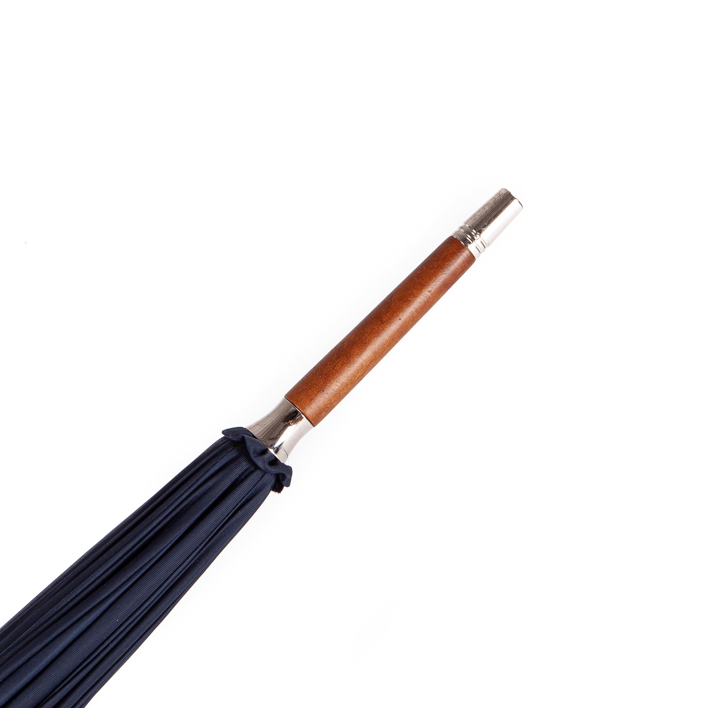 Wooden tip on classic navy umbrella with brass shaft and wood handle – handcrafted in Italy, plastic-free