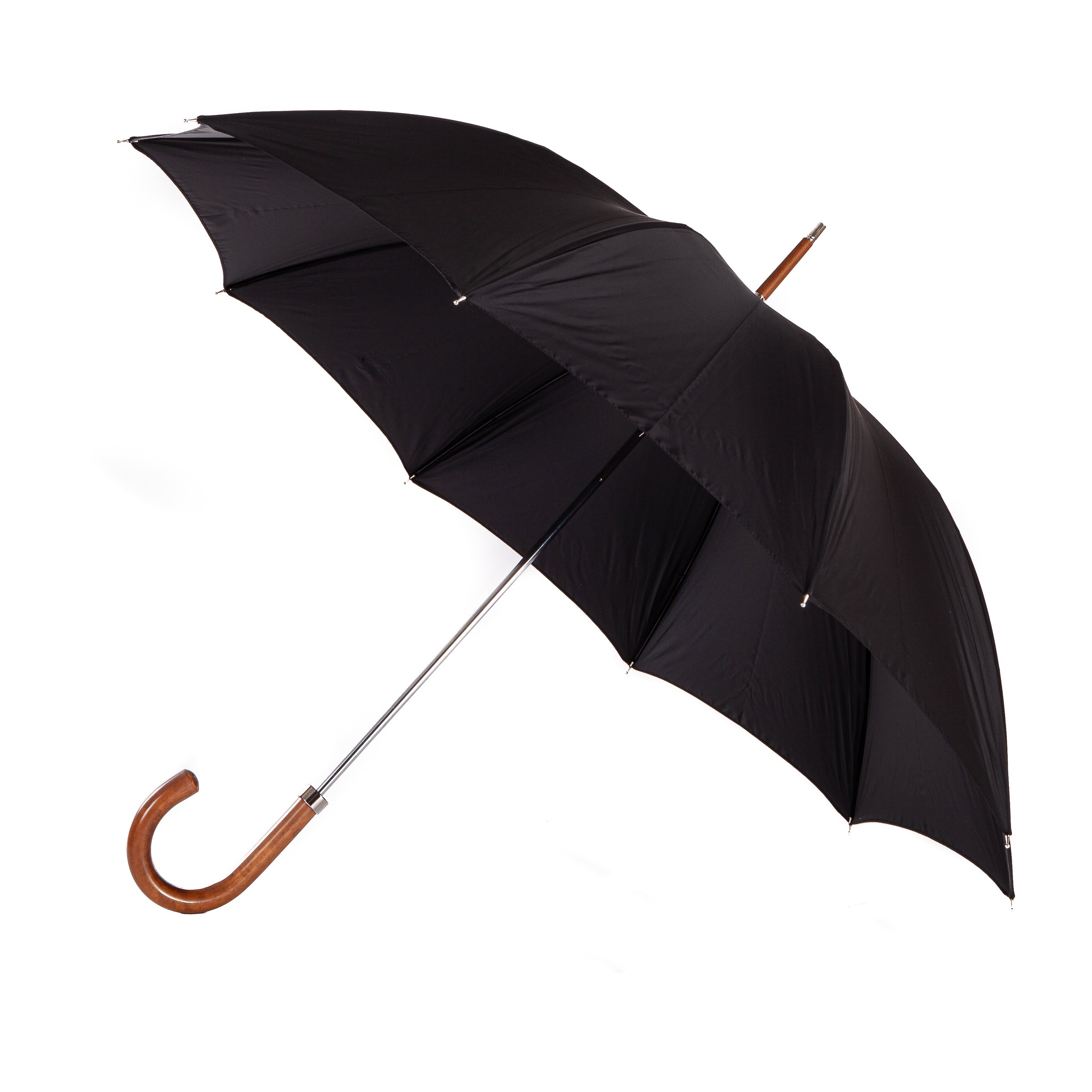 Handcrafted classic umbrella with black canopy, brass shaft, and malacca wood handle – made in Italy, entirely plastic-free