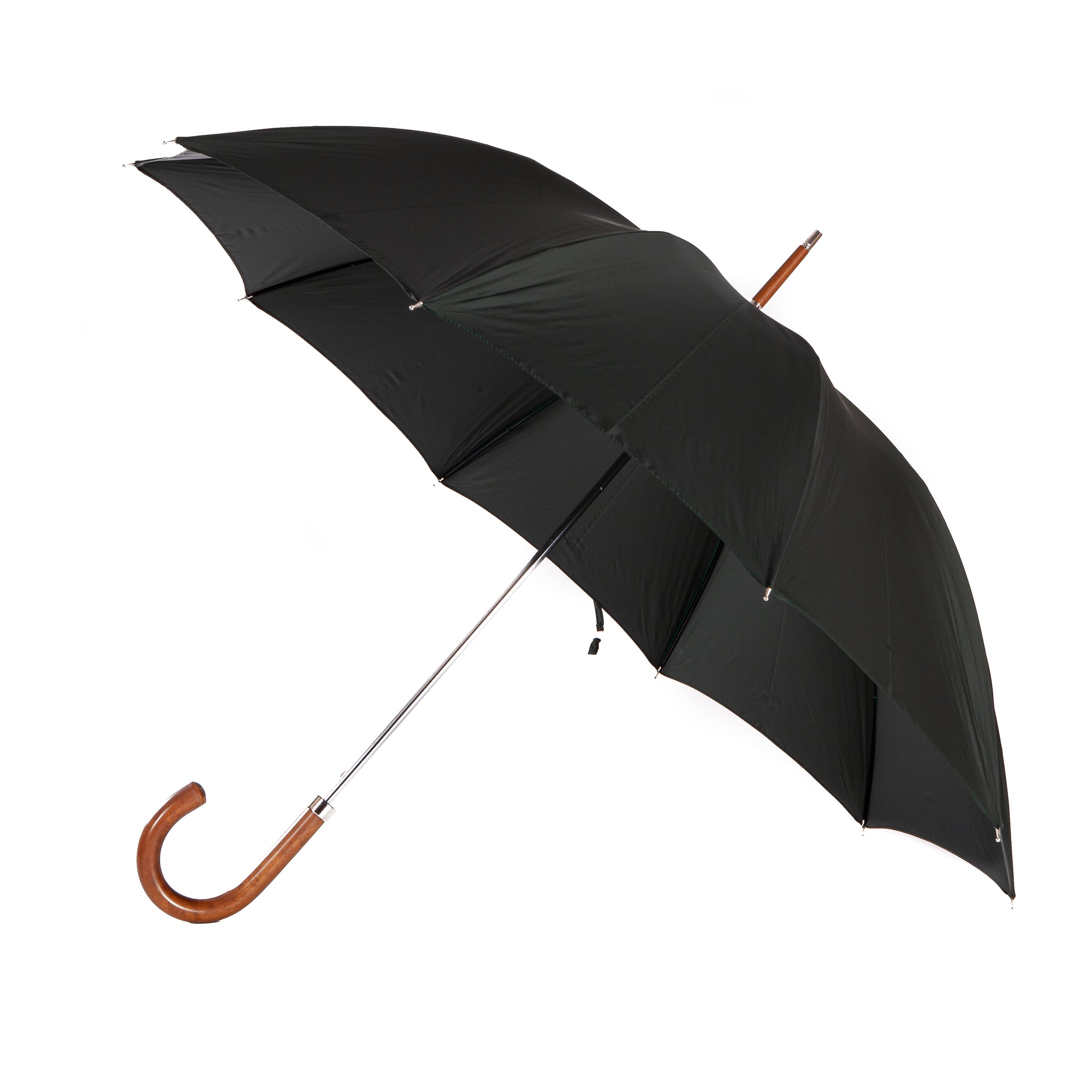 Handcrafted classic umbrella with green canopy, brass shaft, and malacca wood handle – made in Italy, entirely plastic-free